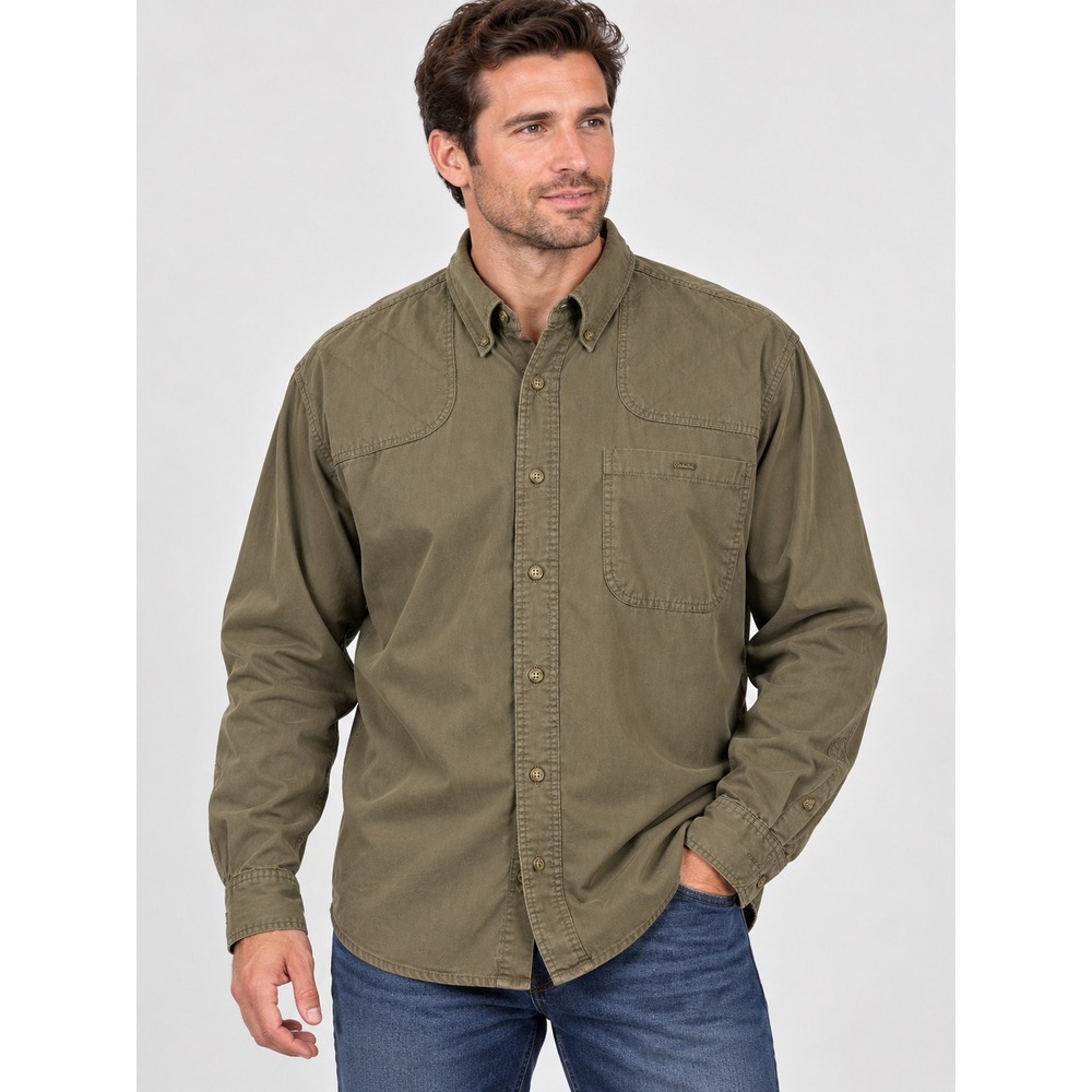 Cabelas Mens XL Shooting Shirt Olive Green Long Sleeve Quilted Shoulder Patch